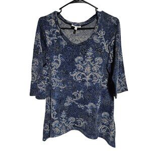 Fashion Bug Blue Paisley Top Womens Size XL Short Sleeve Blouse Asymmetrical Hem